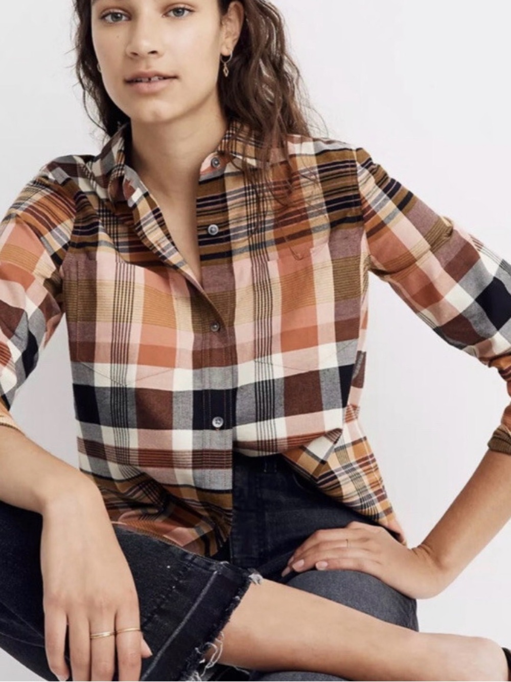 Madewell Ex Boyfriend Shirt Plaid Long-Sleeve Button Down in Pink, Brown & Cream